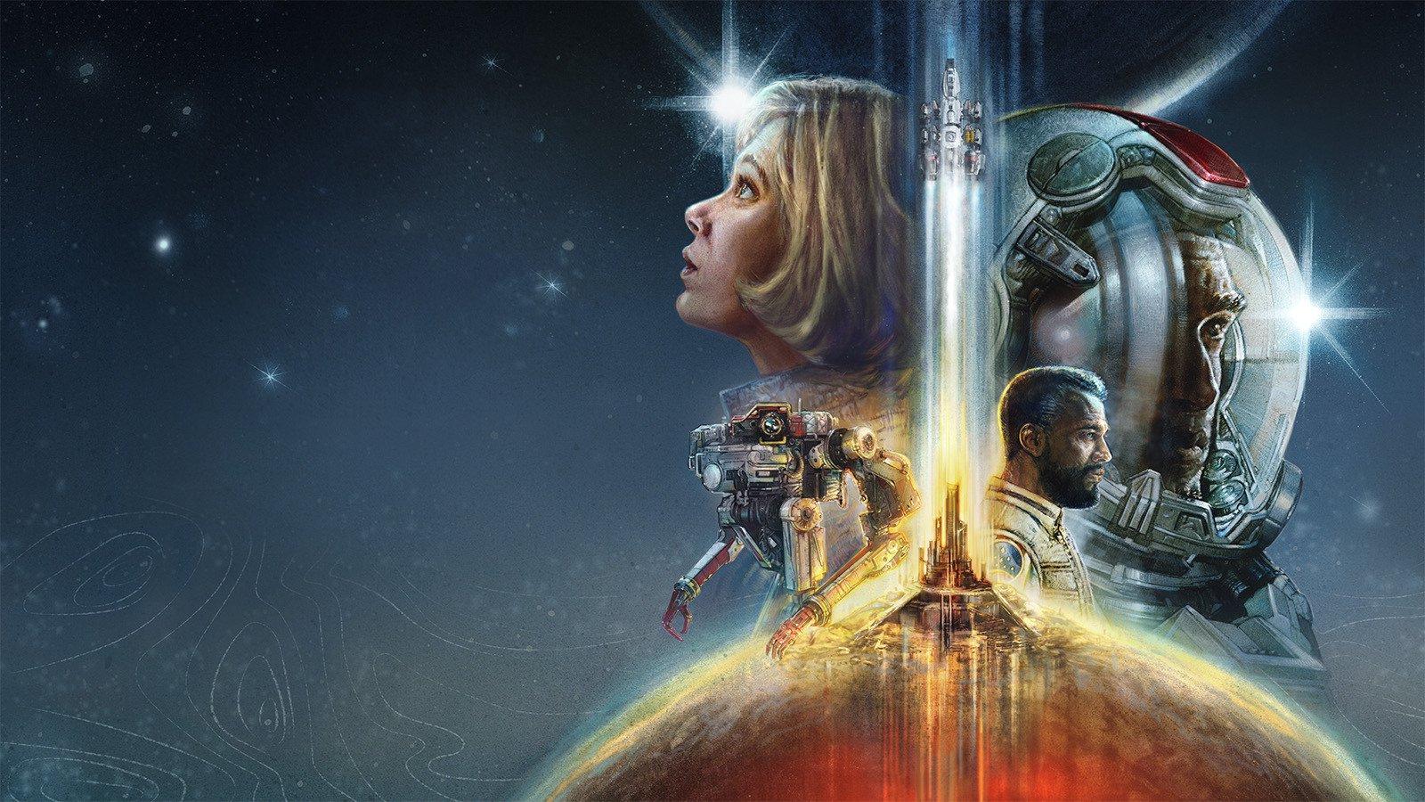 贝塞斯达(Bethesda)的《星场》(星际)中的人物面孔拼贴画环绕着一艘正在飞向大气层的宇宙飞船.