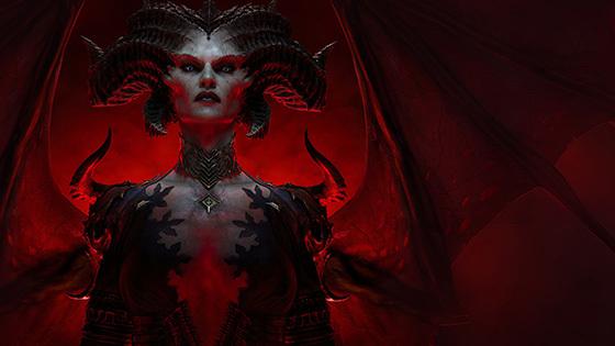 An artistic rendering of 'Diablo IV' character Lilith, a demonic looking woman with wings against a blood red backdrop.