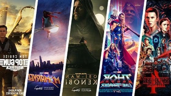 《怪奇物语4》(Stranger Things 4)、《雷神》(Thor)、《欧比旺·克诺比》(Obi-Wan Kenobi)、《哈利波特》(哈利波特)等电影海报. 《漫威》和《壮志凌云:特立独行》.