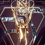 A graphic of an Emmy statuette in front of the number 75. Emmys is written in gold on the right side. The background is dark blue.